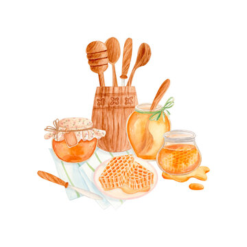 Hand drawn watercolor composition with honey jars, honeycomb, wooden spoons and honey dippers on kitchen towel. Isolated food illustration for packaging, labels, cookbooks, kitchen decor, beekeeping.