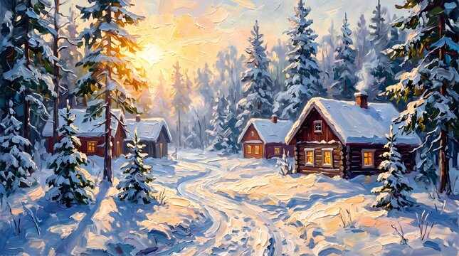 Cozy winter cabins nestled in a snowy forest illuminated by golden sunlight
