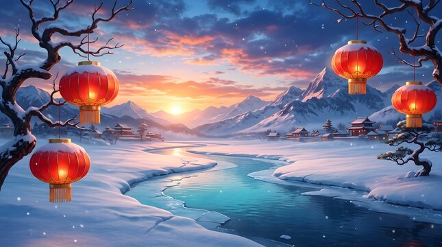 Winter landscape with illuminated red lanterns along a tranquil river at sunset