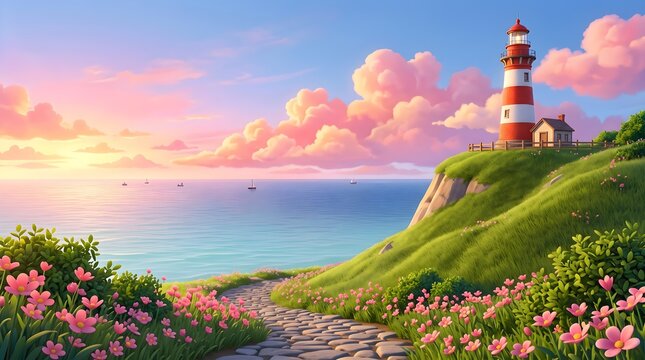 Scenic coastal landscape with a lighthouse at sunset overlooking the ocean