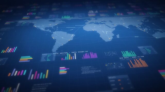 Blue global data network HUD, world map with links between cities and colorful pink, orange and green chart widgets, camera drifts over a tilted table