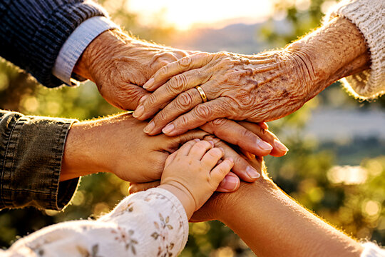 Generaciones y manos unidas en familia uni&oacute;n multigeneracional por edad de hijo, padre, abuelo y nieto juntos conexi&oacute;n intergeneracional, edadismo, 