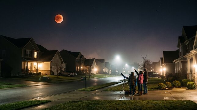 People Watching a Blood Moon Lunar Eclipse in a Quiet Suburban Neighborhood at Night