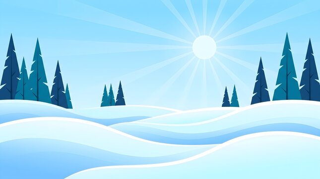Winter landscape with snow covered hills and tall evergreen trees under bright sky