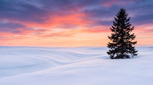 Lone evergreen tree standing in a vast winter landscape at sunset