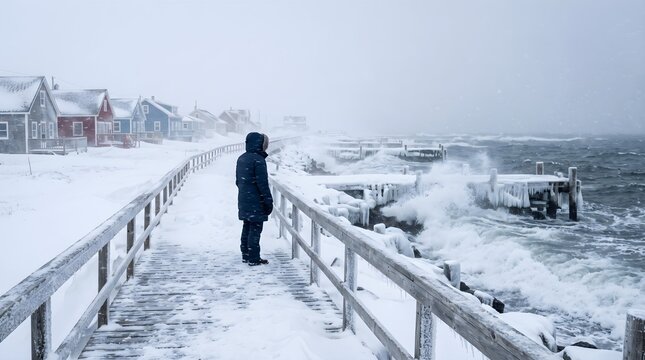 Lone figure contemplates a stormy winter seascape with crashing waves and snow
