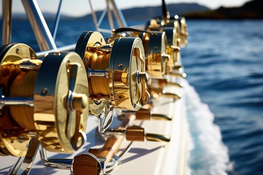 Golden fishing reels lined up on a sport fishing boat moving through blue ocean water