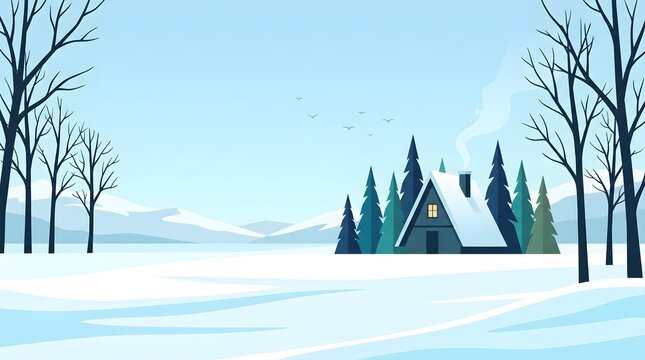 Peaceful winter landscape with snow covered trees and a cozy cabin scene