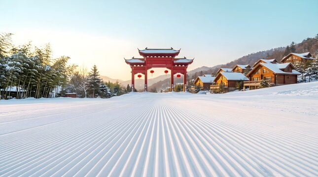 Winter landscape with traditional chinese architecture and a snow covered foreground