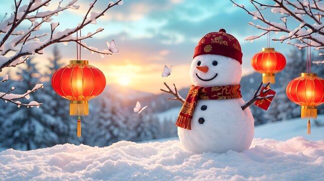 Festive winter scene with snowman and traditional red lanterns in snow