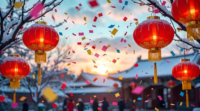 Traditional red lanterns hang during a festive celebration in an asian town