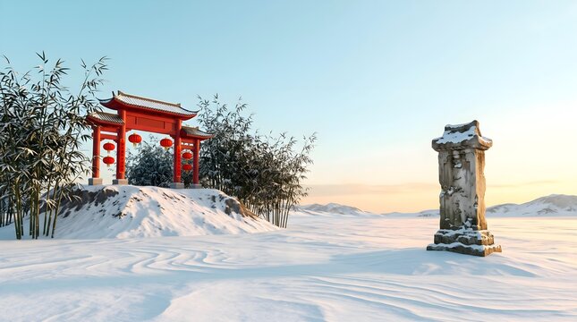 Winter landscape with a traditional japanese torii gate and snow covered ground