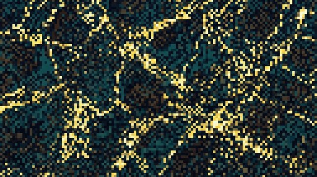 An abstract mosaic background displays a lively combination of dark teal forest green and brilliant golden yellow colored square shapes