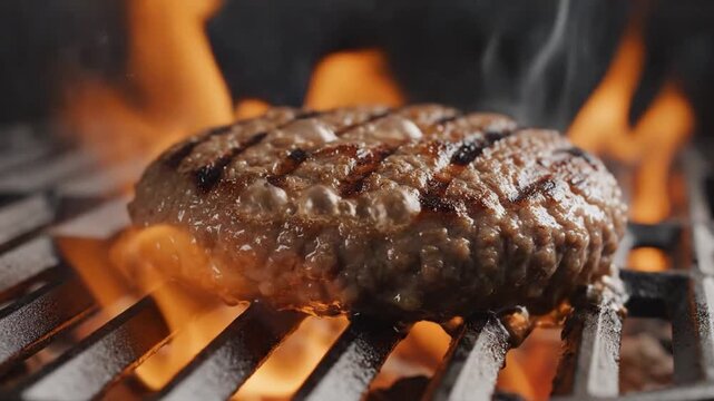 Beef patty sizzles on hot grill bars, juices bead on charred top. Bright orange flames flare beneath it while smoke drifts through tight kitchen style close up, with heat rising around seared beef.