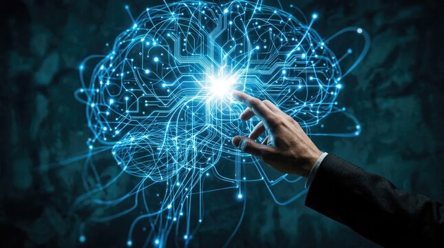 A person s hand reaches out to touch a luminous digital brain made of intricate connected circuit board pathways and glowing lines