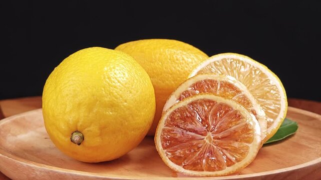 Fresh lemon on wooden board. Zoom in.