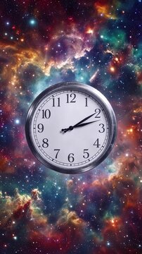 Spacetime continuum unravels as clock hands spin forward against swirling celestial nebula. Lockdown shot of surreal timepiece floating in deep cosmos.