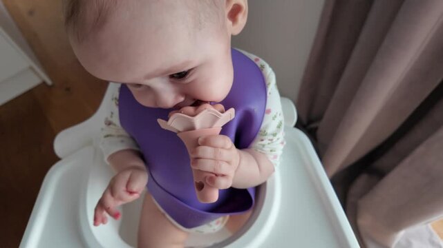 Cute 7-8 month old baby High angle top view shot of cute baby in purple bib sitting in white high chair with food bowl and silicone teether. Baby complementary feeding, self feeding practice, and home