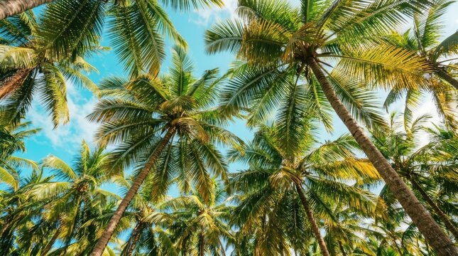 Towering lush tropical palm trees extend their fronds toward a bright vibrant blue sky evoking a peaceful and relaxing island paradise feeling