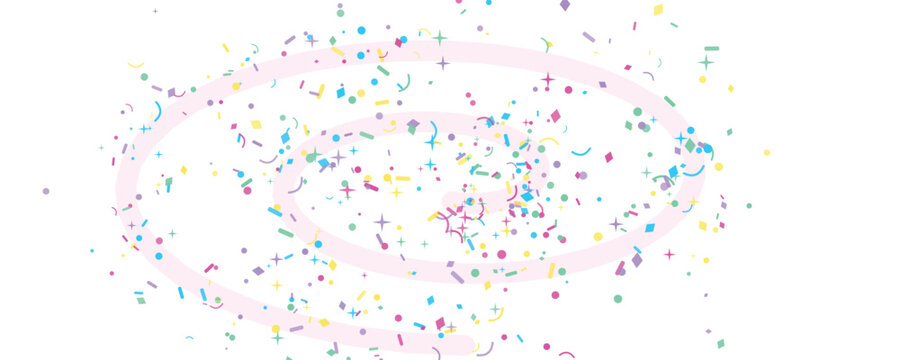 Colorful confetti swirling in a pastel pink spiral against a clean white background for celebratory design