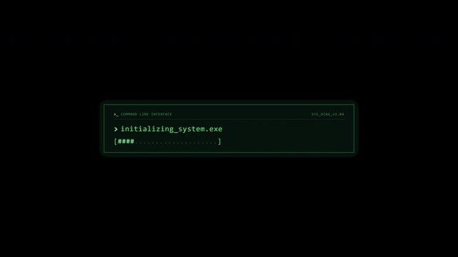 A minimal retro command-line interface (CMD) animation featuring phosphor green monospace typography, character-by-character typewriter effect, ASCII text-based progress bar, and a blinking cursor. Bu