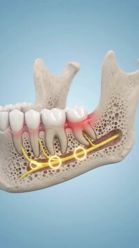 Wisdom tooth inflammation and nerve anatomy lower jaw with detailed bone structure and gum tissue highlighting dental pain and oral health issues 3D medical illustration showing wisdom tooth position