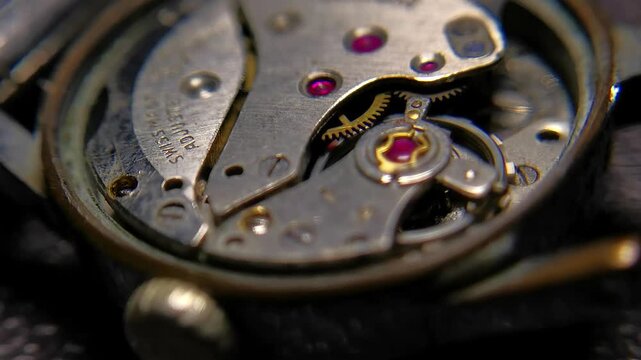 Macro footage of watch gears and balance wheel rotating inside mechanical movement