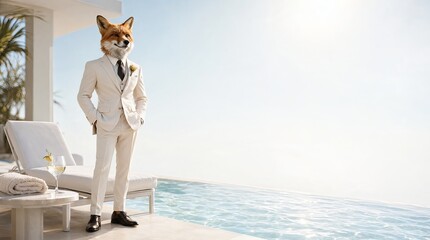 Naklejka premium A Stylish Photorealistic Anthropomorphic Fox Standing Beside a Luxurious Tropical Resort Poolside