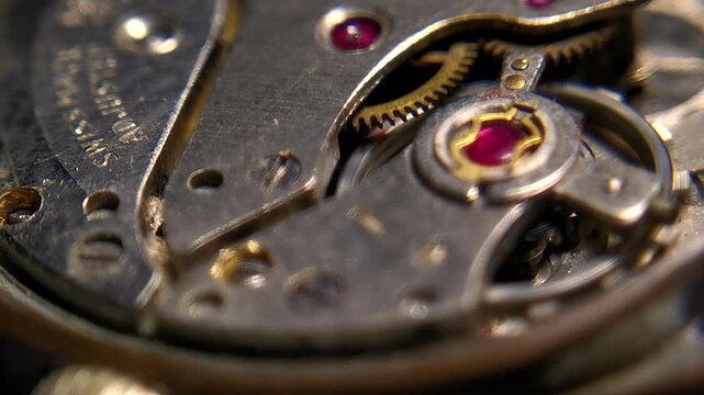 Wide macro shot of complete vintage Swiss mechanical watch caliber ticking