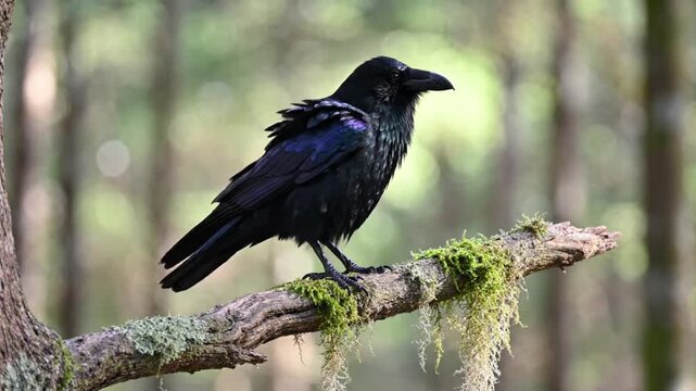 A wild black crow perched on a mossy branch in a forest looking around