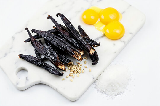 Madagascar Bourbon Vanilla Beans Bundle Composition Baking Flat-Lay