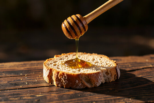 Olive Wood Honey Dipper With Dripping Clover Honey Macro Flat Lay