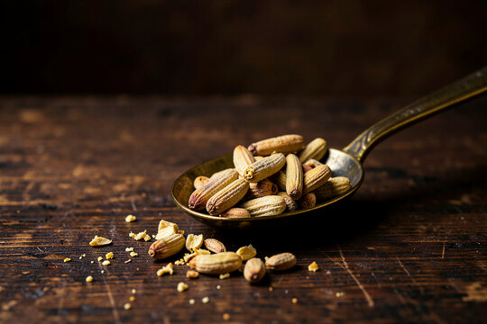 Cracked Green Cardamom Pods In Antique Brass Spoon