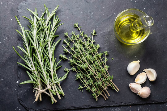 Fresh Rosemary And Thyme Herbs On Dark Slate Macro Flat Lay Texture