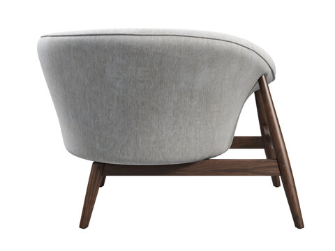 Modern upholstered accent chair with curved light gray fabric seating and a dark walnut wooden frame. Elegant mid-century design, isolated 3D render for interior visualisation.