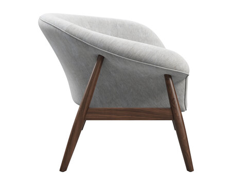 Modern upholstered accent chair with curved light gray fabric seating and a dark walnut wooden frame. Elegant mid-century design, isolated 3D render for interior visualisation.