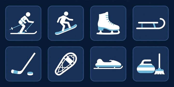 Flat Winter Sports Icon Set &ndash; Skiing, Snowboarding, Ice Skating, Sledding, Hockey and Curling Symbols on Dark Blue