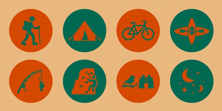 Flat Outdoor Adventure Icon Set &ndash; Hiking, Camping, Cycling, Kayaking, Fishing, Climbing and Stargazing Badges