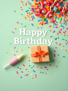 Happy Birthday vibrant flat lay banner with colorful confetti and gift on mint green