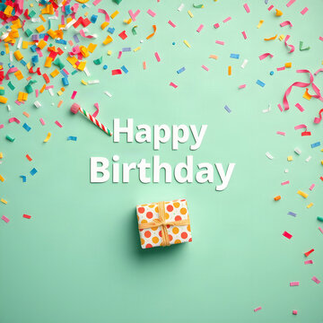 Happy Birthday vibrant flat lay banner with colorful confetti and gift on mint green