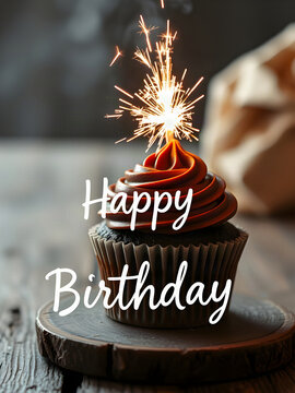 Happy Birthday artisan bakery banner with chocolate cupcake and sparkler on rustic wood
