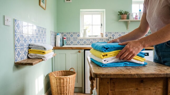 Cheerful domestic laundry room interior, Folding vibrant azure and yellow linens, Rustic wooden counter, Pale mint green walls and patterned tiles, Traditional home chores