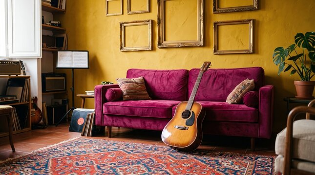 Creative colorful music room interior, Acoustic guitar against magenta velvet sofa, Rich mustard yellow painted walls, Ornate vintage gold picture frames, Artistic domestic home