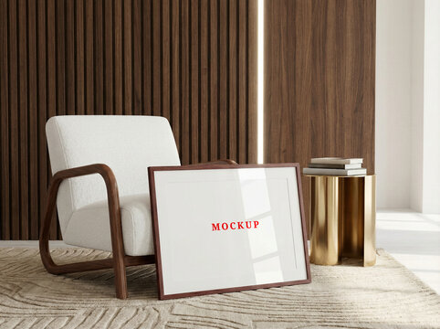 Blank white horizontal wooden poster frame mockup template in modern home interior.