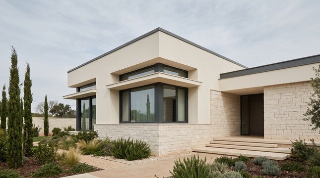 Contemporary limestone villa exterior, Ivory plaster modern residence, Cypress garden architectural design, Clean Mediterranean house facade, Minimal residential property view