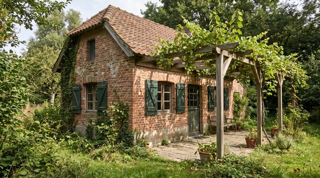 Brick country cottage exterior, Grapevine pergola shaded terrace, Green shutter rural home, Clay roof residential architecture, Rustic garden facade scene