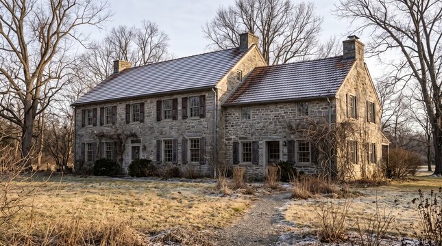 Gray stone country house, Light winter frost exterior, Bare tree residential setting, Rustic cold season architecture, Traditional rural home facade