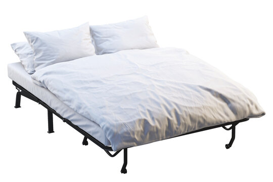 Foldable guest bed with a black metal frame, white mattress, soft duvet and two pillows. Isolated 3D render for furniture product visualisation.