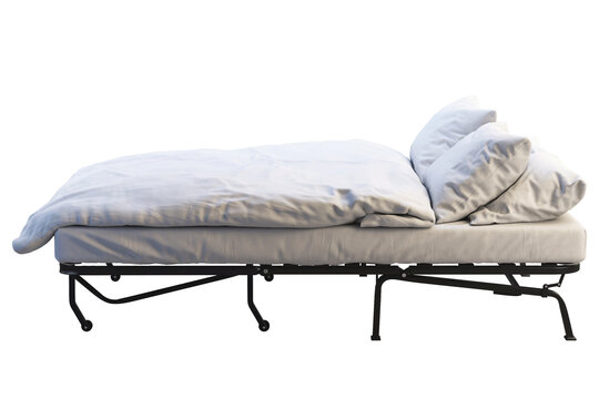 Foldable guest bed with a black metal frame, white mattress, soft duvet and two pillows. Isolated 3D render for furniture product visualisation.