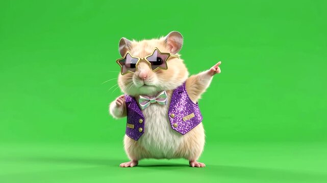 Cute cartoon hamster dancing in disco vest and sunglasses on green screen